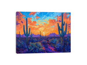 Vibrant desert cactus sunset wall art with saguaro, mountains and bold colors for living room decor.