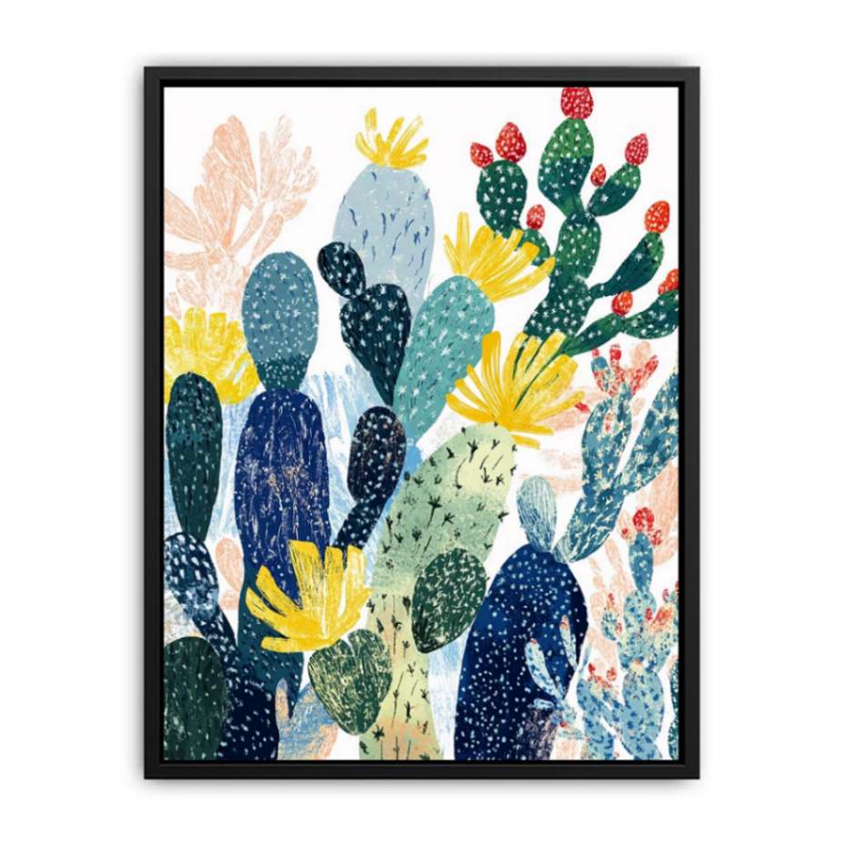 Colorful prickly pear cactus botanical wall art with yellow flowers for cheerful kitchen decor.