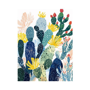Colorful prickly pear cactus botanical wall art with yellow flowers for cheerful kitchen decor.
