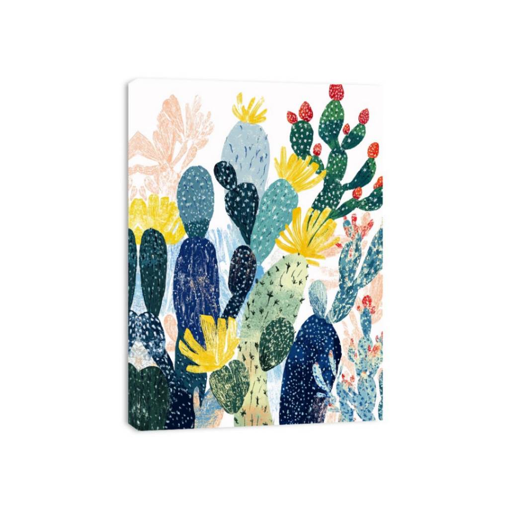 Colorful prickly pear cactus botanical wall art with yellow flowers for cheerful kitchen decor.