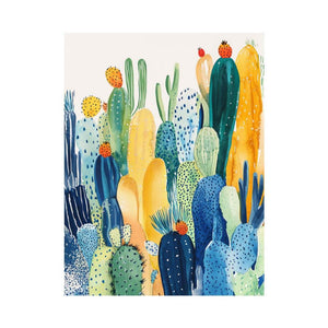 Watercolor cactus garden canvas art with colorful succulents for bright boho home decor.