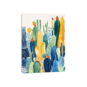 Watercolor cactus garden canvas art with colorful succulents for bright boho home decor.