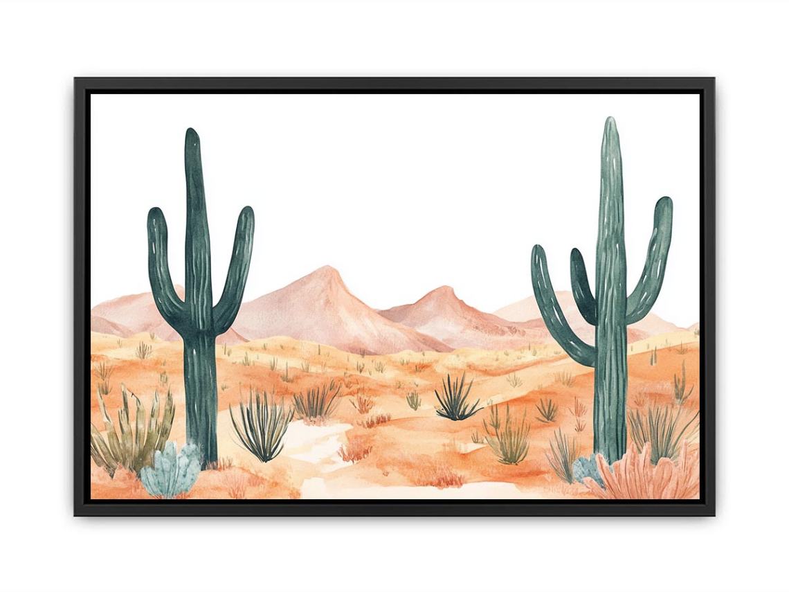 Soft watercolor desert landscape wall art with saguaro cactus and mountains for calm neutral decor.