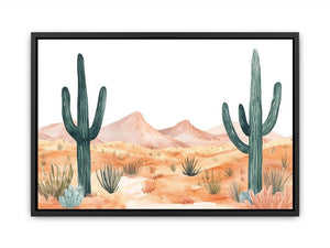 Soft watercolor desert landscape wall art with saguaro cactus and mountains for calm neutral decor.
