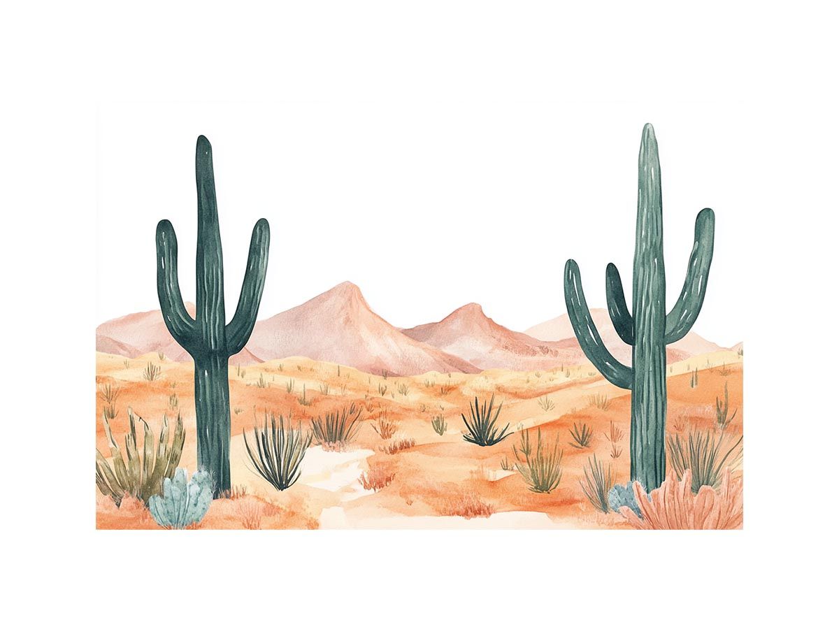 Soft watercolor desert landscape wall art with saguaro cactus and mountains for calm neutral decor.