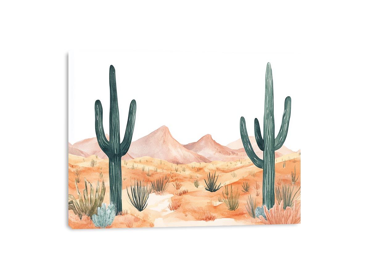 Soft watercolor desert landscape wall art with saguaro cactus and mountains for calm neutral decor.