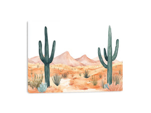 Soft watercolor desert landscape wall art with saguaro cactus and mountains for calm neutral decor.