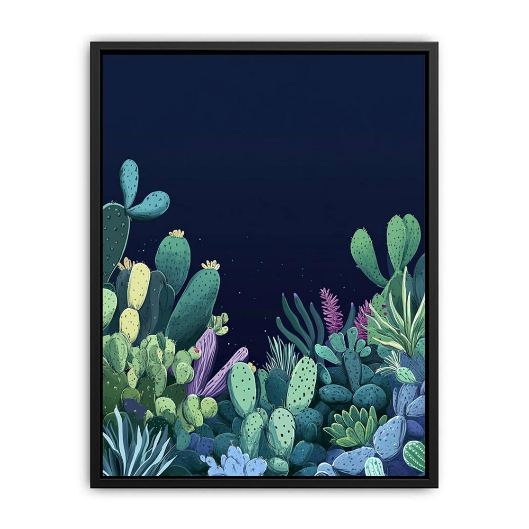 Moody cactus botanical canvas art with navy night sky and lush succulents for bedroom decor.