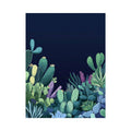 Moody cactus botanical canvas art with navy night sky and lush succulents for bedroom decor.