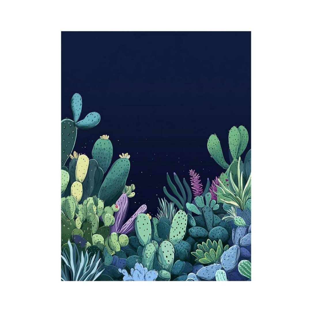 Moody cactus botanical canvas art with navy night sky and lush succulents for bedroom decor.