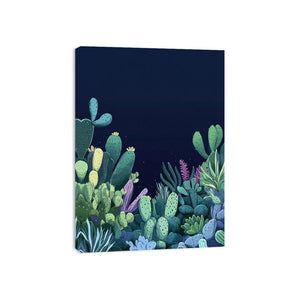 Moody cactus botanical canvas art with navy night sky and lush succulents for bedroom decor.