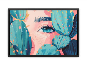 Modern portrait wall art with blue eye and teal cactus pads for bold eclectic room decor.