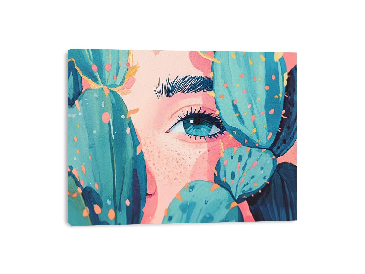 Modern portrait wall art with blue eye and teal cactus pads for bold eclectic room decor.