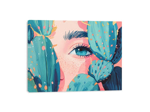 Modern portrait wall art with blue eye and teal cactus pads for bold eclectic room decor.