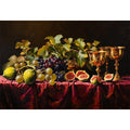 Classic fruit still life canvas art with grapes, figs and gold goblets for elegant dining room decor.