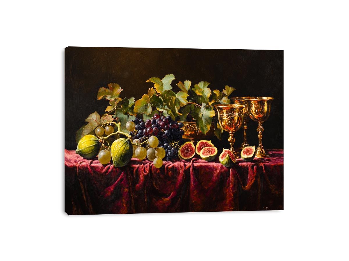 Classic fruit still life canvas art with grapes, figs and gold goblets for elegant dining room decor.