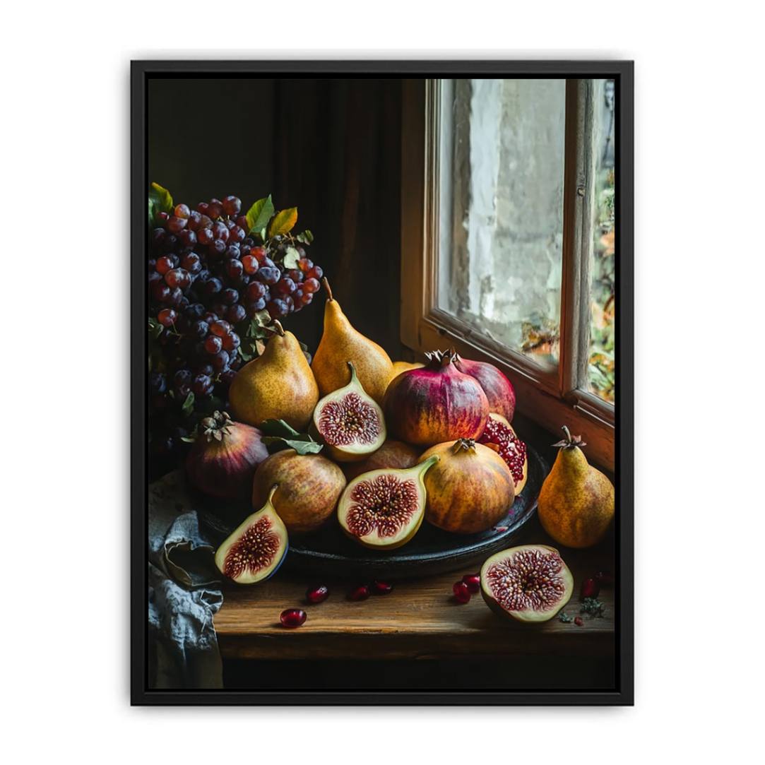 Moody fruit still life photography with figs, pears and grapes for elegant kitchen wall decor.