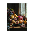 Moody fruit still life photography with figs, pears and grapes for elegant kitchen wall decor.