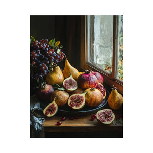 Moody fruit still life photography with figs, pears and grapes for elegant kitchen wall decor.
