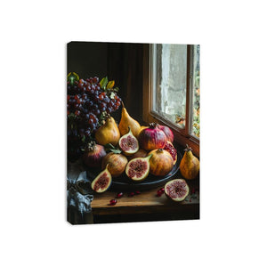 Moody fruit still life photography with figs, pears and grapes for elegant kitchen wall decor.