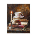 Vintage teacup and candle still life wall art with antique books for cozy reading nook decor.