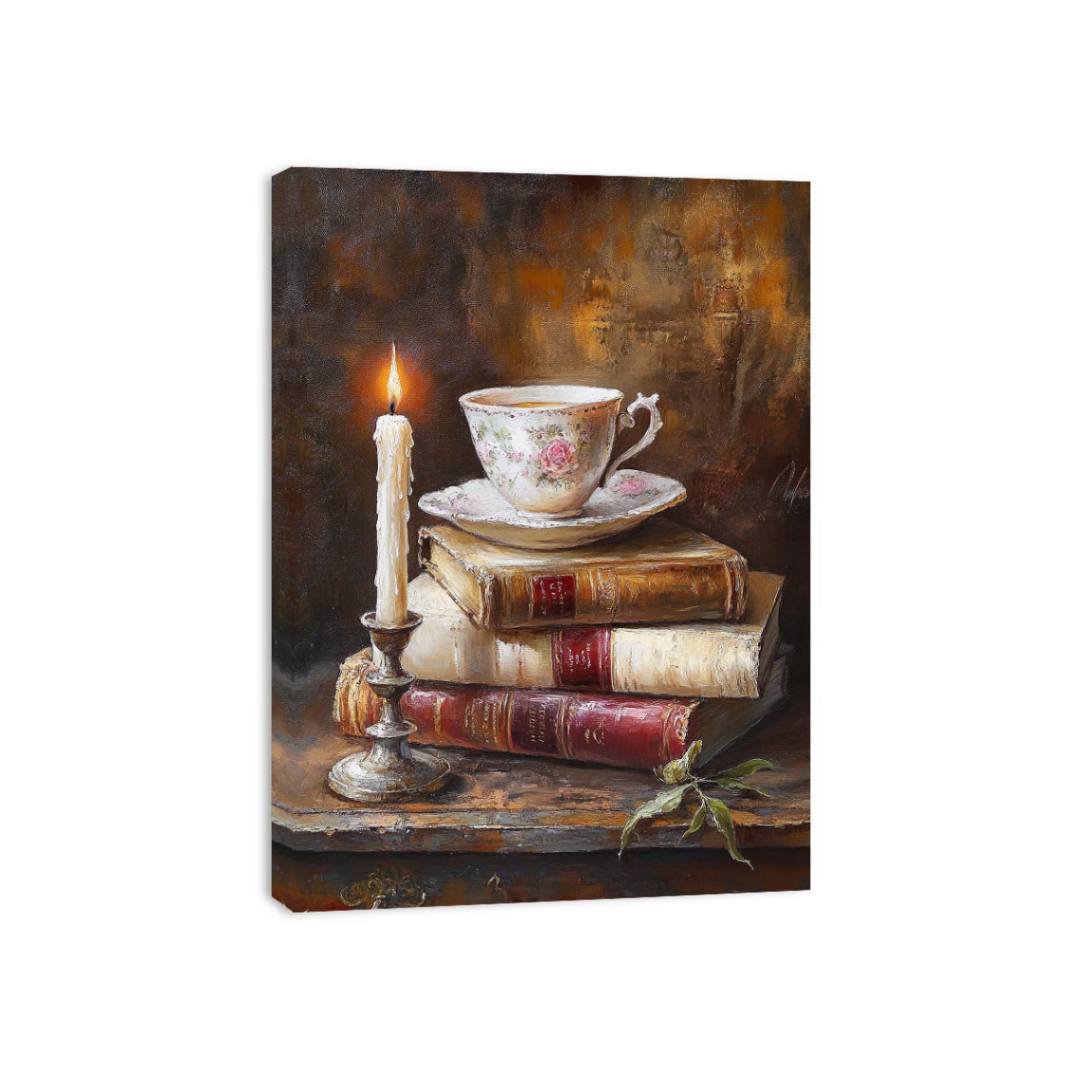 Vintage teacup and candle still life wall art with antique books for cozy reading nook decor.