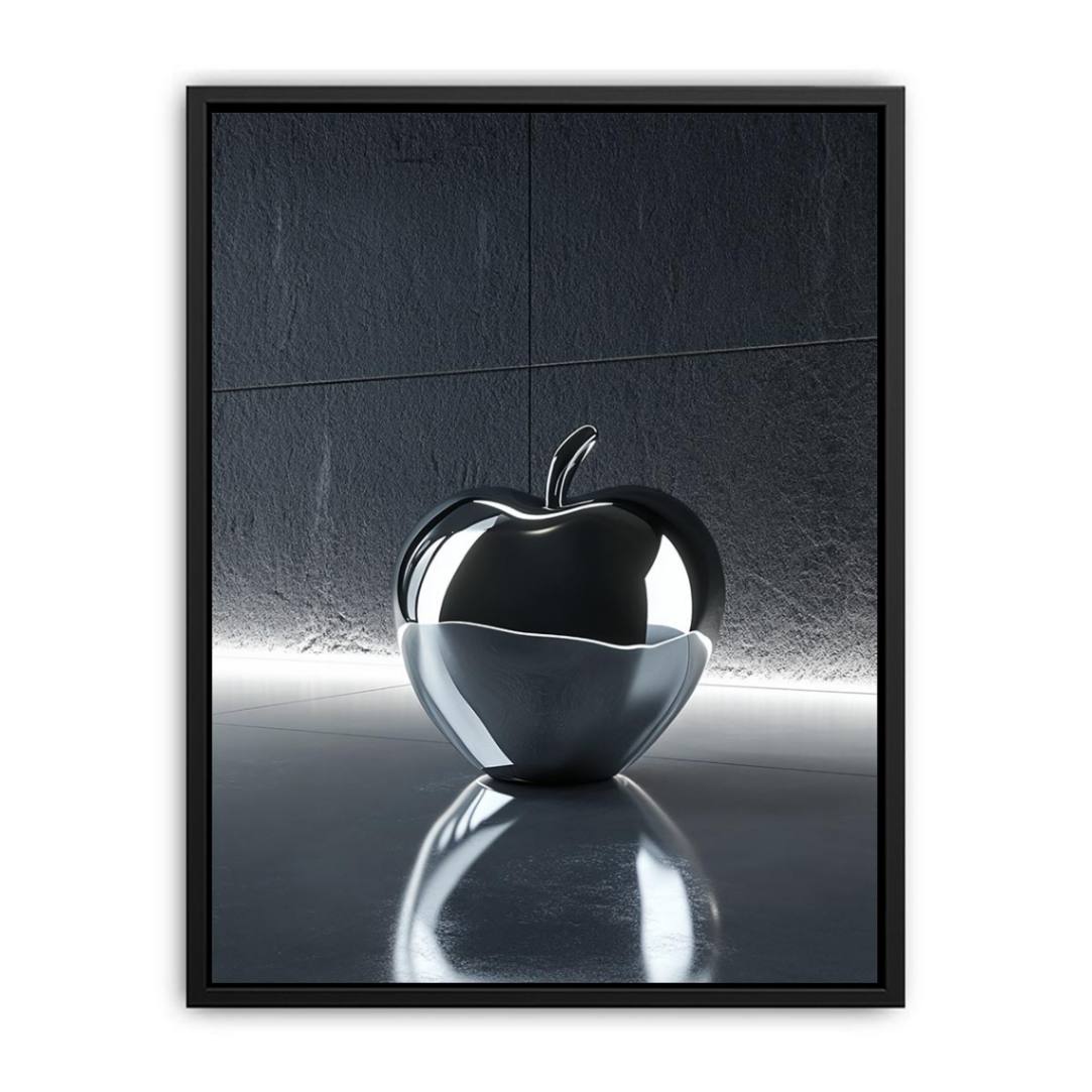 Glossy black apple sculpture wall art with reflective modern lighting for luxury office decor.