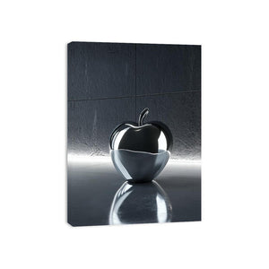 Glossy black apple sculpture wall art with reflective modern lighting for luxury office decor.