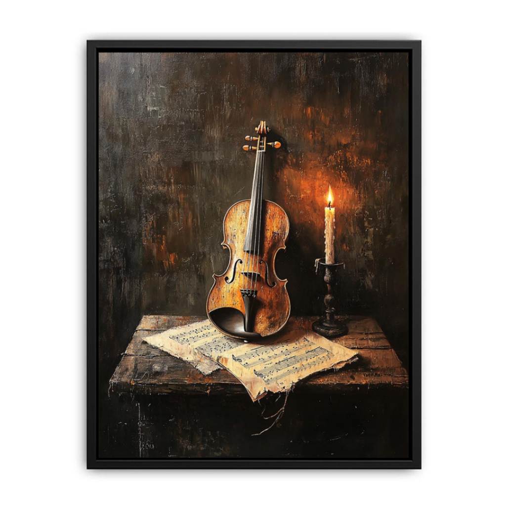 Vintage violin and candle still life canvas art with sheet music for refined music room decor.