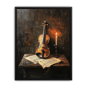 Vintage violin and candle still life canvas art with sheet music for refined music room decor.