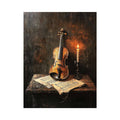 Vintage violin and candle still life canvas art with sheet music for refined music room decor.