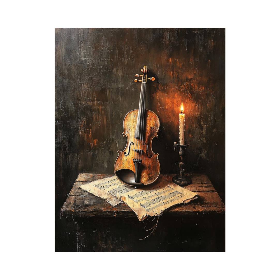 Vintage violin and candle still life canvas art with sheet music for refined music room decor.