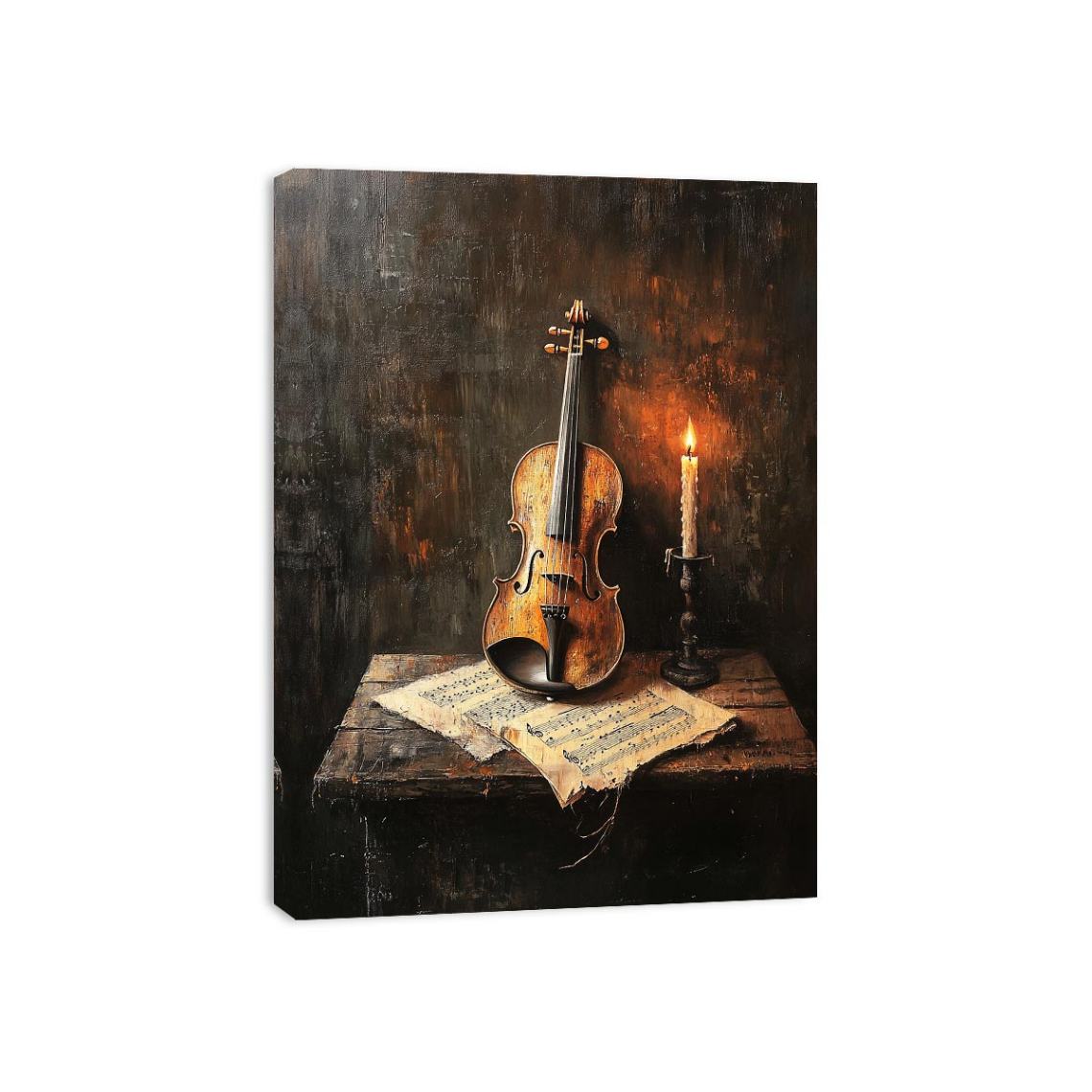 Vintage violin and candle still life canvas art with sheet music for refined music room decor.