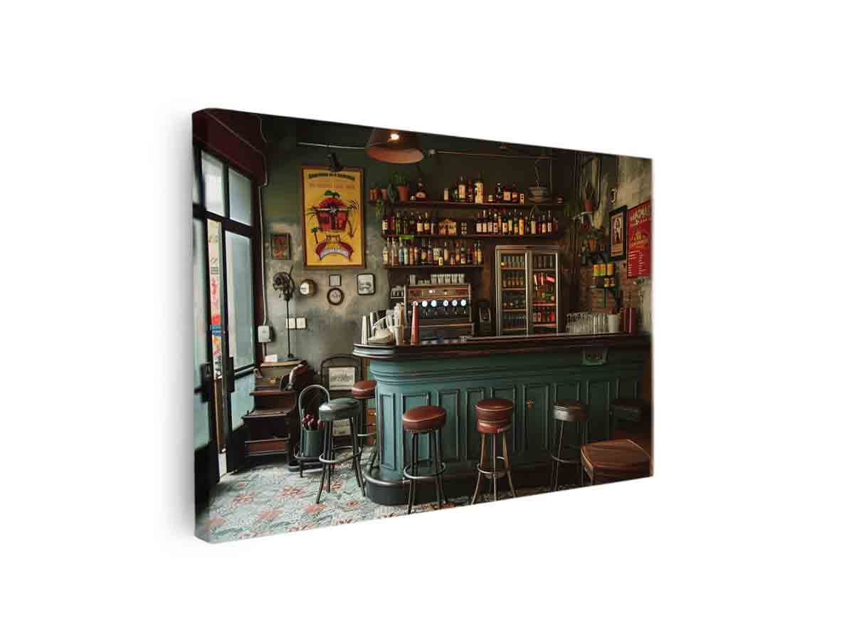Vintage bar interior with stools and bottles for stylish home bar wall decor.