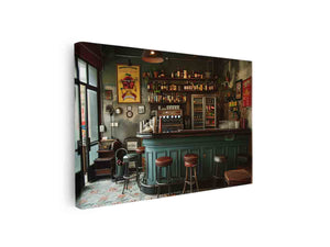 Vintage bar interior with stools and bottles for stylish home bar wall decor.