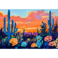 Vibrant desert cactus canvas art with sunset flowers for modern living room decor.