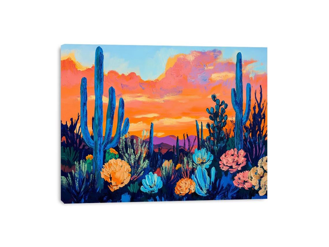 Vibrant desert cactus canvas art with sunset flowers for modern living room decor.