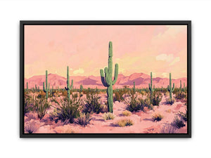Pastel desert cactus canvas art with saguaro and mountains for calm bedroom decor.