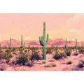 Pastel desert cactus canvas art with saguaro and mountains for calm bedroom decor.