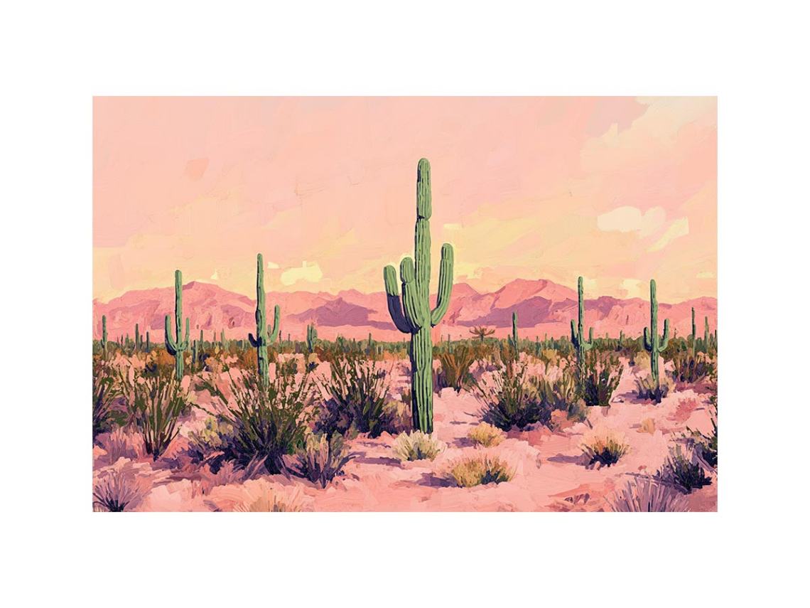 Pastel desert cactus canvas art with saguaro and mountains for calm bedroom decor.