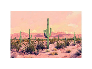 Pastel desert cactus canvas art with saguaro and mountains for calm bedroom decor.