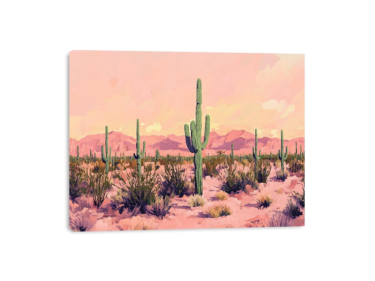 Pastel desert cactus canvas art with saguaro and mountains for calm bedroom decor.