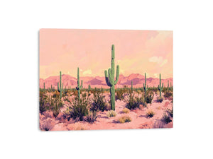 Pastel desert cactus canvas art with saguaro and mountains for calm bedroom decor.
