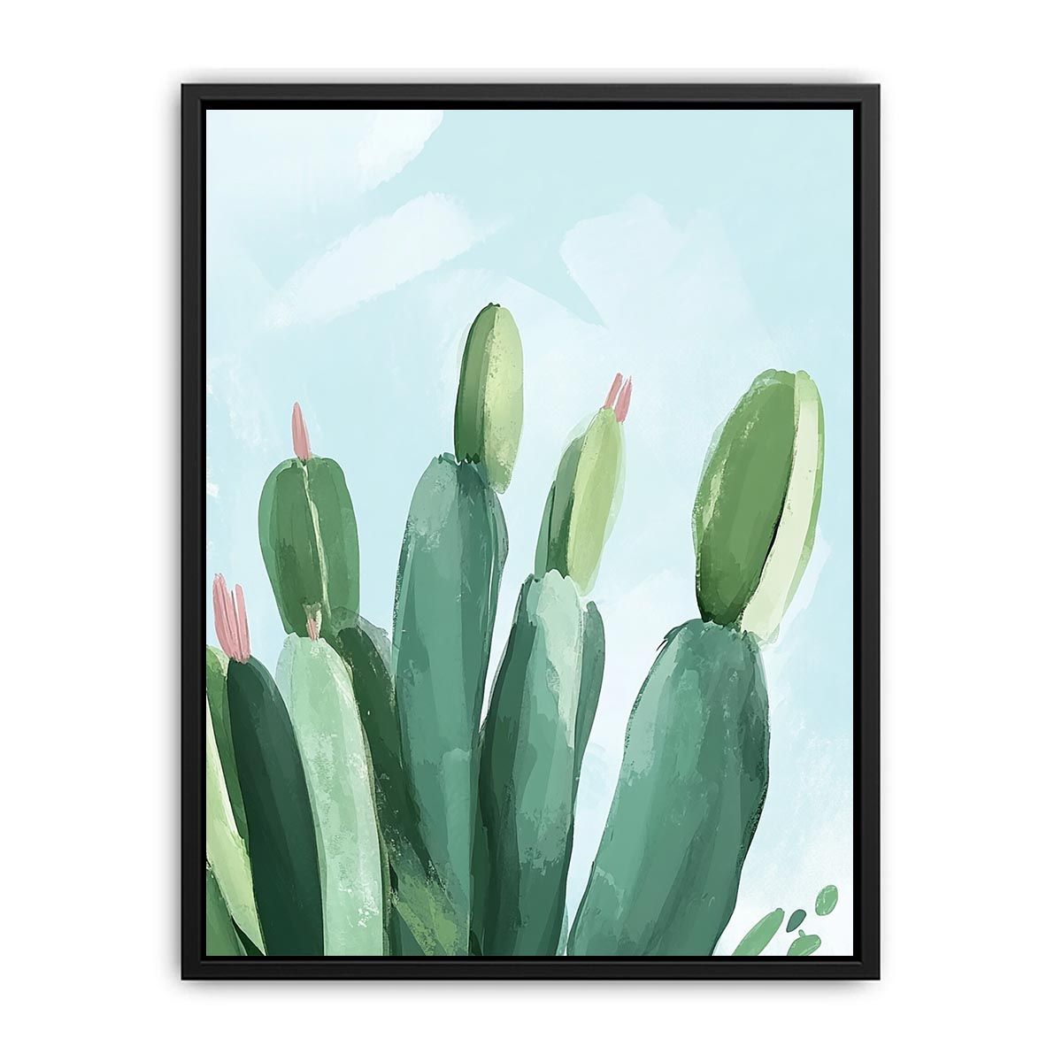 Soft green cactus canvas art with pale blue sky for modern bedroom decor.