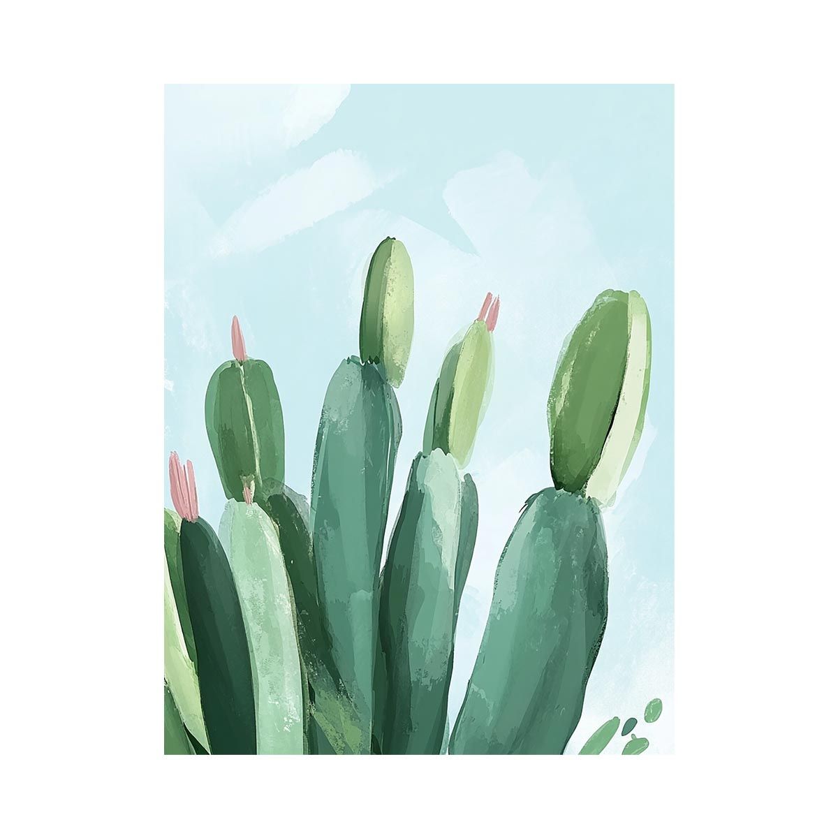 Soft green cactus canvas art with pale blue sky for modern bedroom decor.