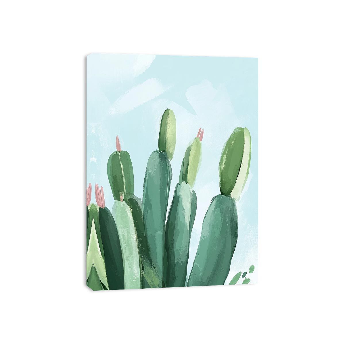 Soft green cactus canvas art with pale blue sky for modern bedroom decor.