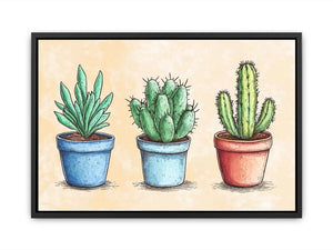 Three potted cactus illustration canvas art for cheerful kitchen or office decor.