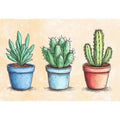 Three potted cactus illustration canvas art for cheerful kitchen or office decor.
