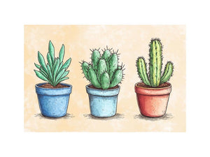 Three potted cactus illustration canvas art for cheerful kitchen or office decor.