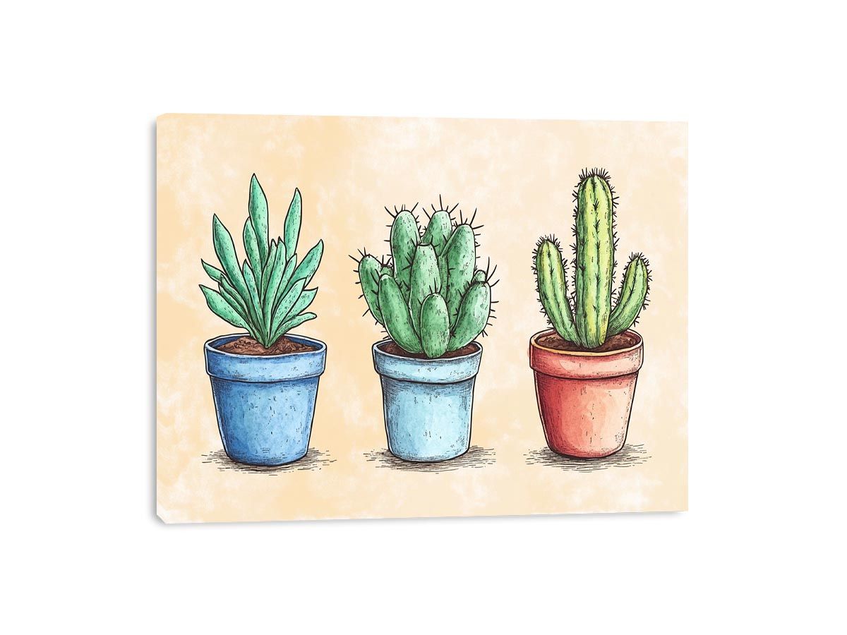Three potted cactus illustration canvas art for cheerful kitchen or office decor.